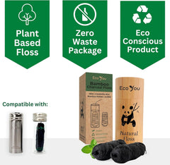 Charcoal Bamboo Floss | 2 Natural Floss Refill with Bamboo Container | Organic Mint & Candelilla Wax | Vegan & Biodegradable | Compatible with Similar Size Dental Silk Containers
