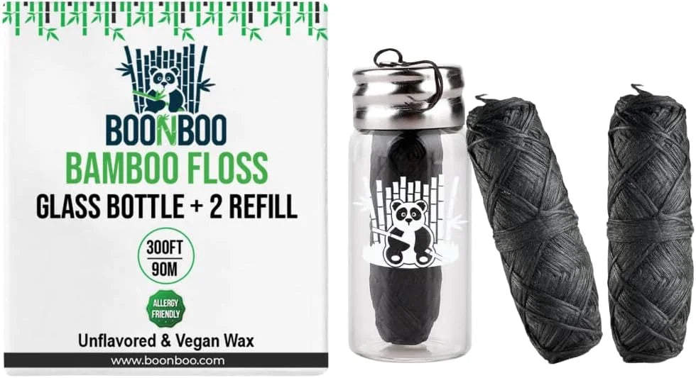 BOONBOO Dental Floss, Charcoal Woven Thread, Glass Bottle and 2 Heads Refill, Unflavored