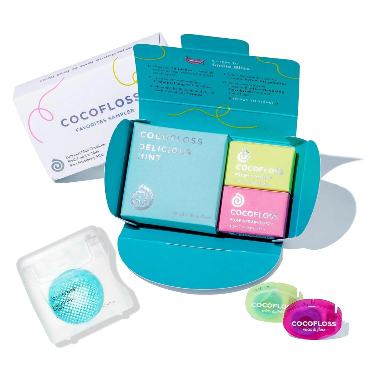 Cocofloss Woven Dental Floss, Favorites Sampler, Dentist-Designed Oral Care with Coconut Oil, Waxed, Vegan, Kid-Friendly, 1 Mint (33 yd), 2 Travel in Coconut, Strawberry (8 yd)