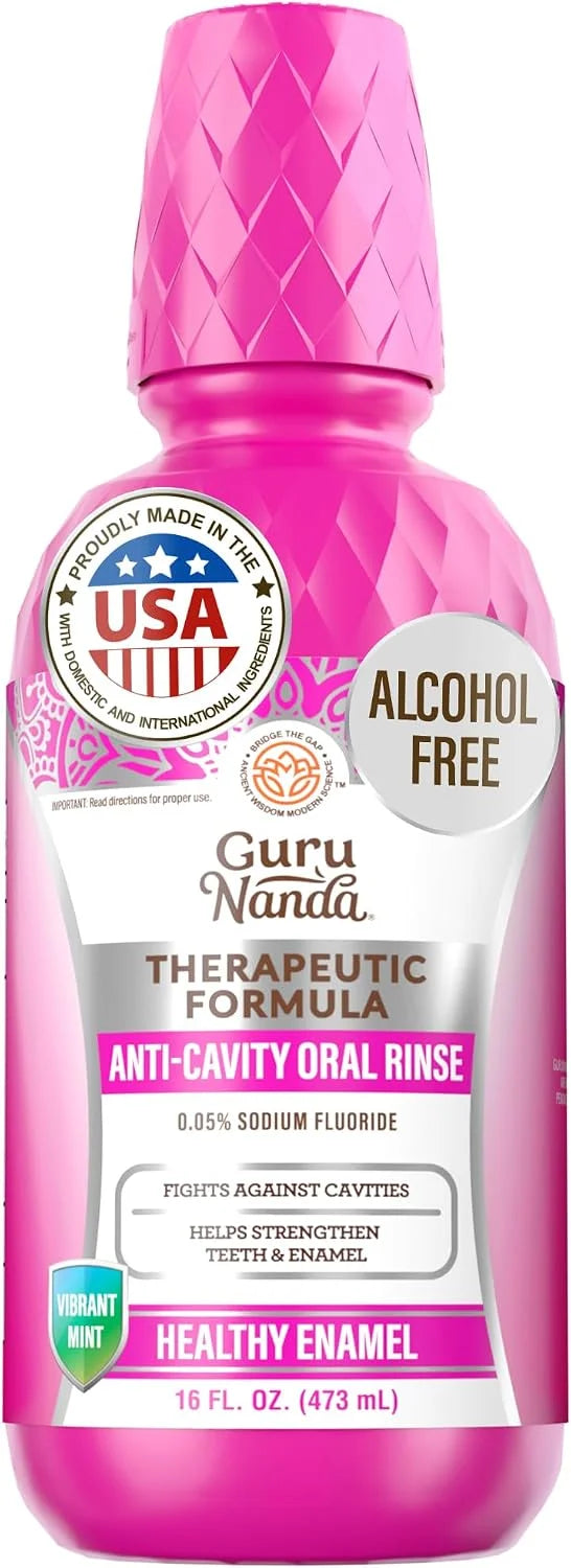 GuruNanda Anticavity Fluoride Mouthwash – Helps Prevent Cavities & Strengthen Teeth and Enamel – 0.05% Sodium Fluoride Therapeutic Oral Rinse – Alcohol-Free, Vibrant Mint, 16 oz
