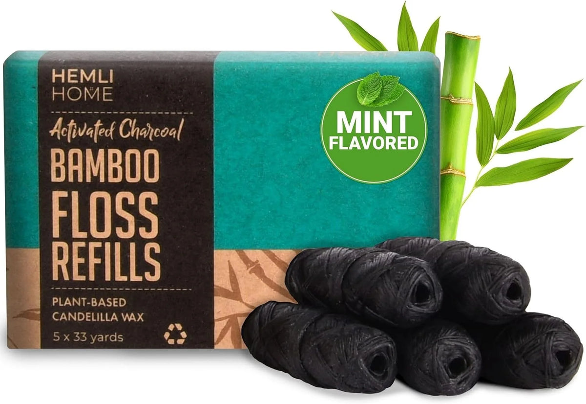 Bamboo Charcoal Dental Floss Refills, Bambo Woven Fibres, 5 x 33 Yards, Organic Refillable Dental Floss, Natural Floss, Eco-Friendly Floss. Plant-Based Candelilla Wax Floss with Natural Mint Flavoring